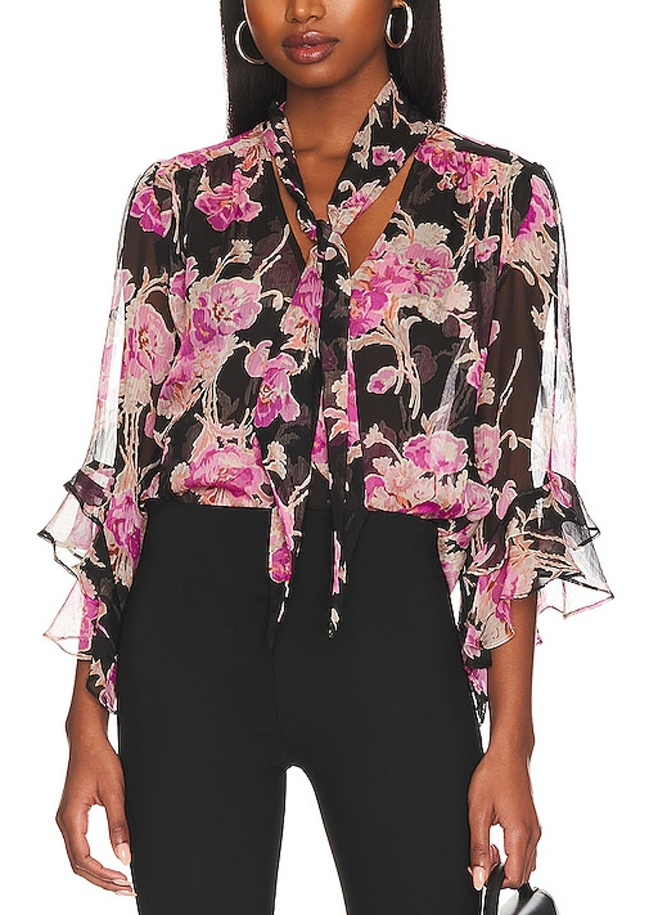Misa Los Angeles Sheer Black Floral Gigi Blouse Size L